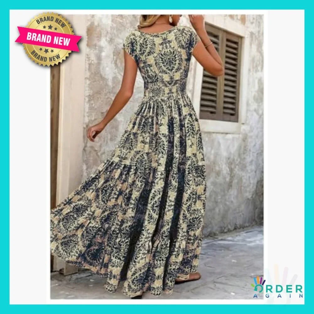 Vintage Boho Maxi Dress Floral Print Smocked Waist Summer Casual Vacation - Picture 2 of 5